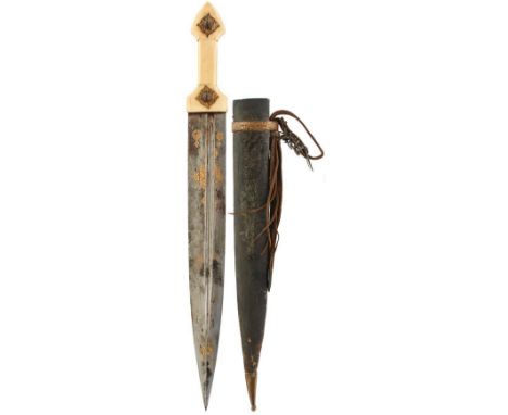 A 19TH CENTURY KINDJAL, 40cm blade with offset fuller to either side and decorated with panels of scrolling foliage in gold, 