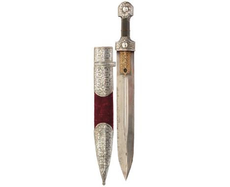 A 19TH CENTURY SILVER NIELLO MOUNTED CAUCASIAN KINDJAL, 33.35cm double fullered blade struck with a maker's mark within a lat