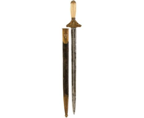 A 19TH CENTURY FRENCH HUNTING HANGER, 49.5cm double fullered blade etched with scrolling foliage and stands of arms to either