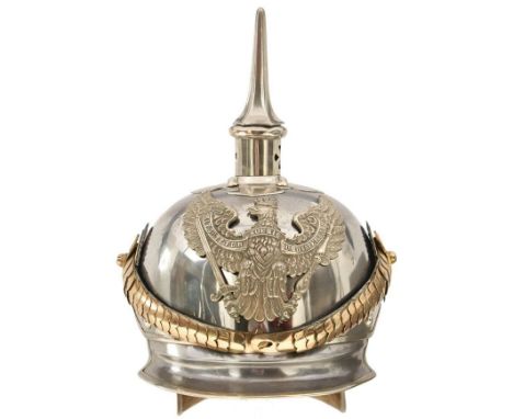 A PRUSSIAN JZP REGIMENT OFFICER'S METALHELM AND UBERZUG, the characteristic polished steel body with neck protector, silvered