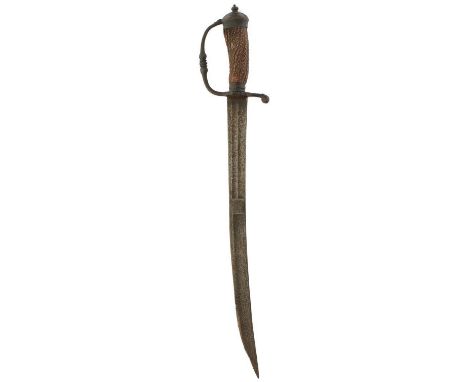A 17TH CENTURY ENGLISH OFFICER'S OR HUNTING HANGER, 46cm double fullered blade with traces of etched decoration, characterist