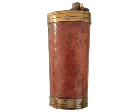 A THREE-WAY POWDER FLASK, the brass mounted brown leather wrapped tapering body with screw-off base, pivoting top and sprung 