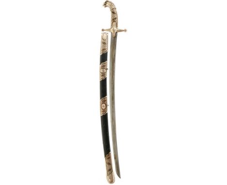 A CAUCASIAN OR RUSSIAN EAGLE HEADED SHASQUA, 73.5cm double fullered blade, plated copper hilt decorated with scrolling foliag