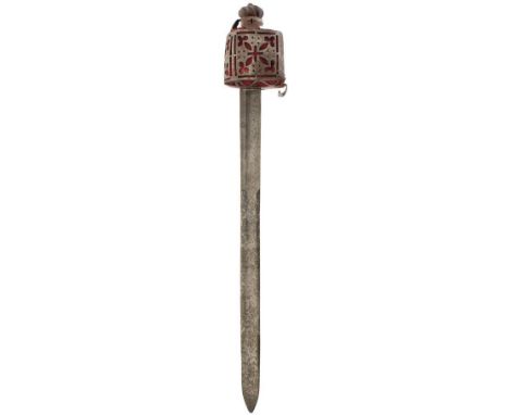 A FINE AND RARE LATE 18TH CENTURY BASKET HILTED BACKSWORD OF THE GARDE ECOSSAISE, 67cm blade formed as a backsword then trans