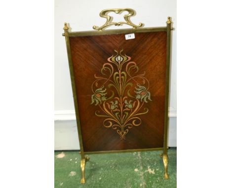 A Secessionist brass, kingwood and marquetry firescreen, inlaid with sinuous organic motifs, 82cm high, c.1905