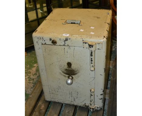 A vintage safe with night safe cash slot to top (with key). 63.5cm high x 48cm wide x 49cm deep