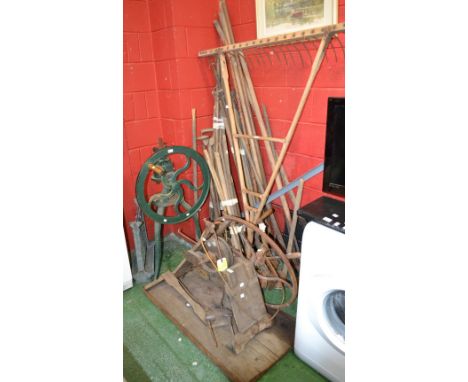 Vintage agricultural equipment - A Lister company Kornales cooler, milk cooling device; a Bonny hay rake; a Follows and Bate,