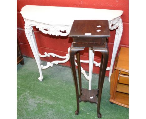 A crackle painted console table; a mahogany plant stand (2)