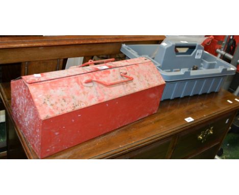 A steel toolbox with contents to include spanners, drills, etc; another toolbox and tools