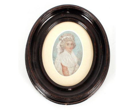 A small watercolour miniature portrait,&nbsp;of a Georgian lady in oval ebonised frame