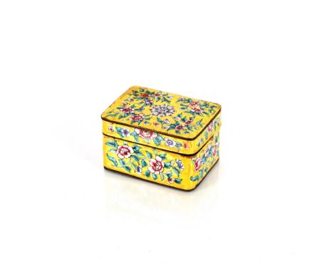A Canton type yellow enamel box and lid,&nbsp;with floral decoration, 11cm&nbsp;
