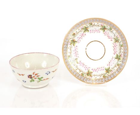 An 18th Century bowl with floral painted decoration 15cm dia.; and a Spode saucer dish painted foliate decoration with grey a