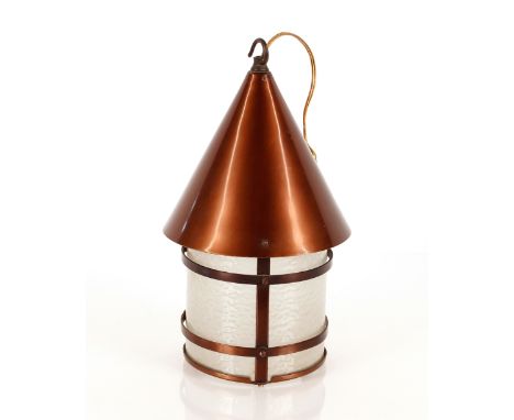 An early to mid 20th Century copper hanging&nbsp;lamp,&nbsp;suspended by a small chain, hook and angular conical top, circula