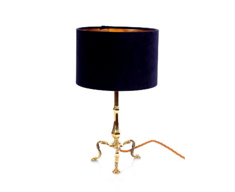 A brass Pullman&nbsp;type table lamp,&nbsp;with blue shade, 46cm high&nbsp;