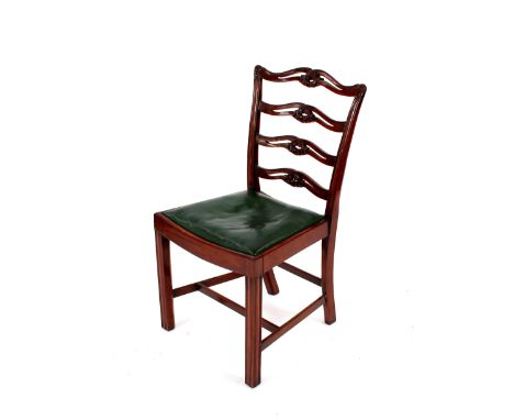 A set of six mahogany Chippendale style ladder back dining chairs,&nbsp;upholstered drop in seats raised on square chamfered 