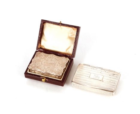 A Victorian silver snuff box,&nbsp;Birmingham 1837;&nbsp;and a leather cased Victorian silver vinaigrette of cartouche shape 