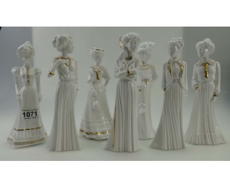 A collection of Spode gilded white figures by Pauline Shone comprising Virginia, Eleanora, Anna, Sarah, Lily, Olivia and Juli