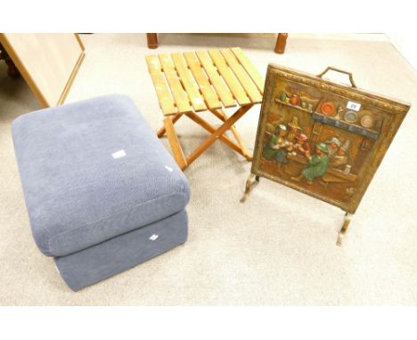 A embossed copper painted  fire screen, upholstered fabric foot stool and folding table. (3)