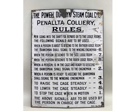 THE POWELL DYFFRYN STEAM COAL CO. LTD PENALLTA COLLIERY RULES METAL &amp; ENAMEL SIGN, stating the rules to be observed whils