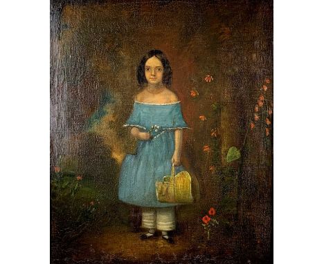 19TH CENTURY EUROPEAN SCHOOL oil on canvas - naive portrait of a young girl in blue dress carrying her bonnet, surrounded by 
