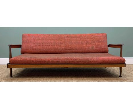 MID-CENTURY GUY ROGERS 'MANHATTAN' AFROMOSIA SOFA BED, with rotating angled back containing sliding cupboards, upholstered in