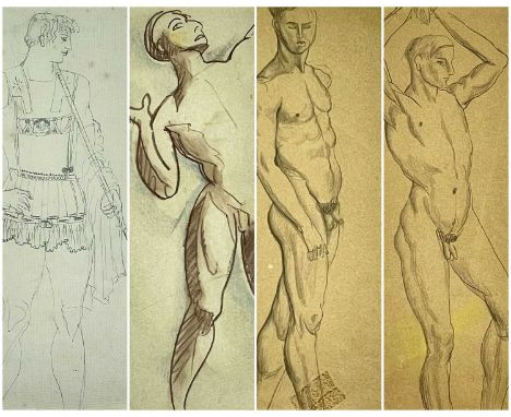 EARLY 20TH CENTURY SCHOOLS pencil or chalk studies - male nude 29 x 16.5cms; 'Paris' dressed in armour with spear 32.5 x 24.5