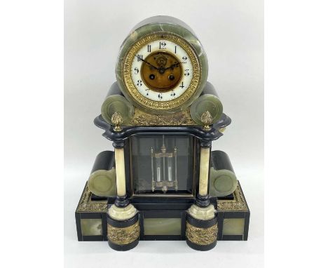 LARGE ONYX, SLATE & GILT METAL MOUNTED MANTEL CLOCK, c. 1890, mounted with gilt metal appliques, 4 3/4in. Arabic dial with vi
