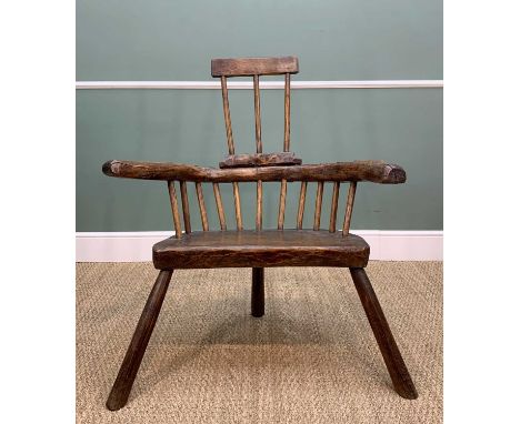 PRIMITIVE WELSH OAK, ELM & ASH STICK CHAIR, 104h x 89w x 62cm dComments: elements replaced, restained and waxed. Hoop back wi