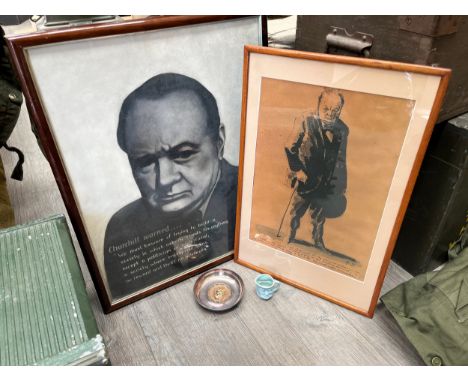 A copied mixed media of the famous poster 'Churchill warned...', black and white with his quote, a reprint poster of his 'we 