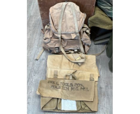 A WWII webbing Polsten gun tool kit roll together with a 1942 dated British Army Commando bergen backpack / rucksack (2)