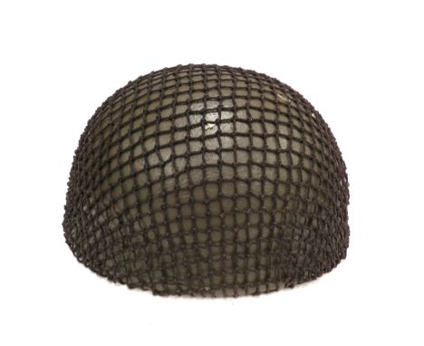 A WWII British motorcycle dispatch rider’s helmet, green painted with camouflage net, the leather liner marked BMB 1942