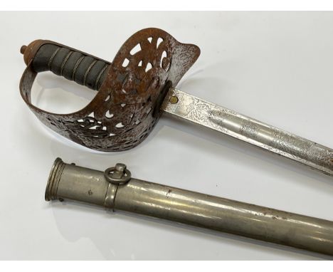 A Victorian 1895 pattern officer's sword, the pierced basket hilt with VR cypher, shagreen wired grip, joining an engraved bl