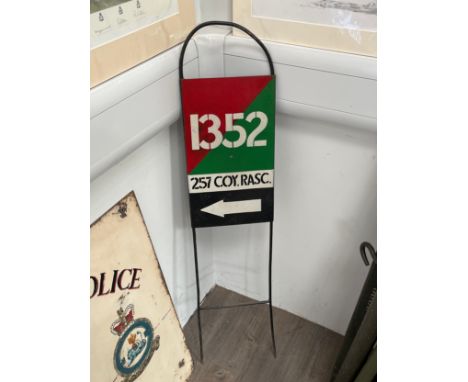 A military enamel sign 1352 257 COY RASC on wrought metal frame for pushing into the ground
