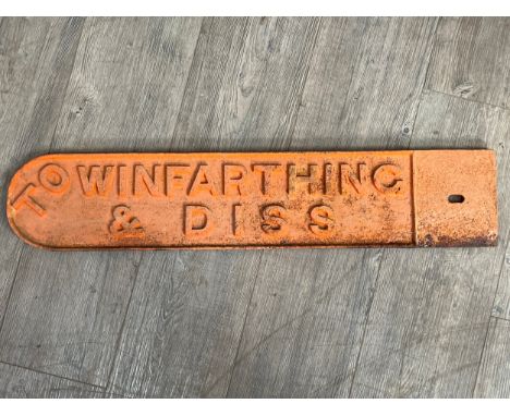 A vintage road sign TO WINFARTHING &amp; DISS, double sided, cast iron painted in orange, possibly wartime
