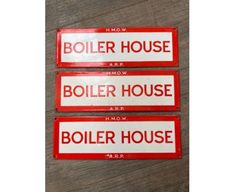 Three ARP H.M.O.W BOILER HOUSE enamel signs, white and red