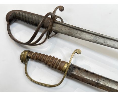 A 19th Century 1821 pattern style sword with pipe-back blade, together with a cutlass with brass D-form hilt, single fuller, 