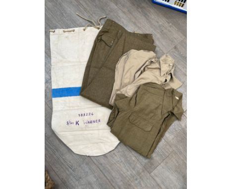 AMENDED DESCRIPTION A pair of dated 1944 Battledress trousers (size 32/33'' waist and 28'' inside leg) together with two mili