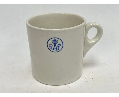 A Royal Air Force (RAF) mug, oversized, white ground with blue RAF and crown within a circle, crescent George Jones &amp; Son