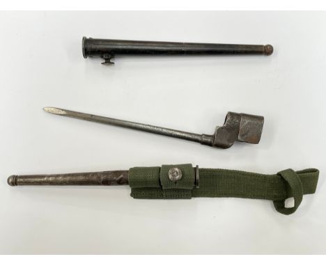 A WWII British plug bayonet with scabbard, with an extra scabbard