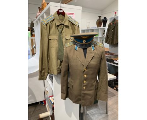 A Cold War era Russian Soviet USSR Colonel's everyday uniform (Airforce) consisting of trousers, jacket with shoulder boards,