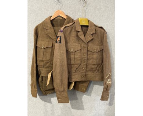 Two 1949 pattern battledress blouses, one size 8 dated 1954, B. Bloom Ltd. with insignia including North Highland District of