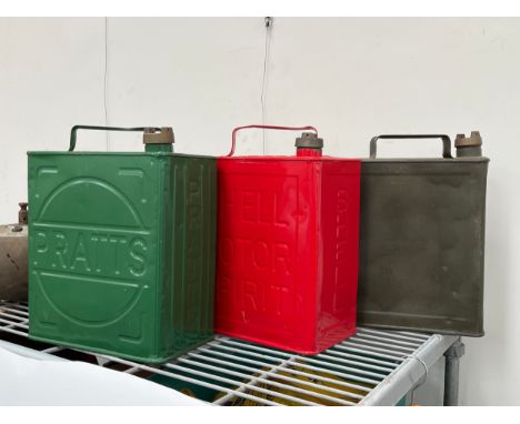 Three vintage petrol cans: Shell Motor Spirit, Pratts and Air Ministry marked