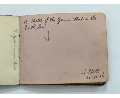 An autograph book with signatures and drawings by crew from HMS Orion which saw action at the Battle of Jutland. One page ent