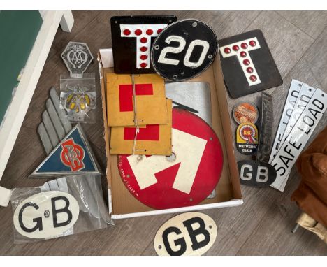 A quantity of vintage car badges and plates including "Safe Load"