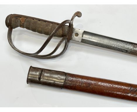 An Edward VII British 1821 pattern style officer's sword, engraved blade by Hobson &amp; Sons, shagreen grip a/f, brown leath