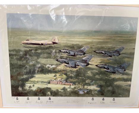 An artist’s proof print after Michael Rondot, “The Marham Wing Over Sandringham”, Canberra and Tornadoes over the palace, pen