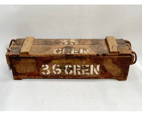 A British No. 36 grenade storage and transportation box, the wooden rectangular crate is well stencilled with details and mar