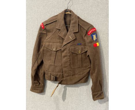 Two British 1949 pattern battledress blouses, one size 7, Prices Tailors Ltd. 1952, with Suffolk title, East Anglian Training