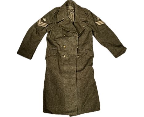 An officer’s great coat, undated, Staff Sergeant chevrons and crown, King's cloth buttons, minor moth. From the estate of S/S