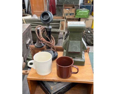 A WWII Army blackout lantern together with a vintage stick telephone and two mugs (one chipped to rim) (4)